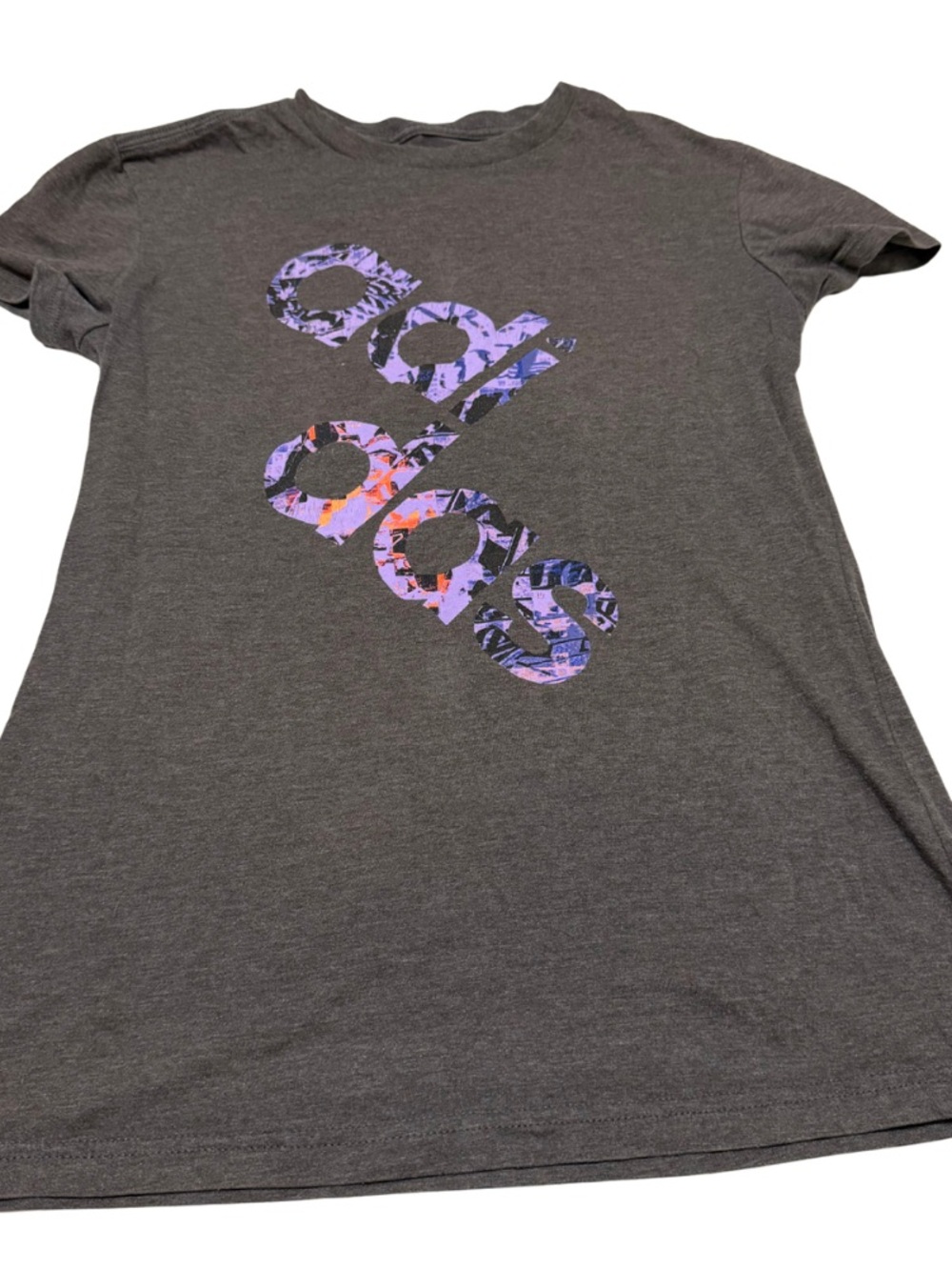 Womens adidas top gray graphic tee with colorful logo
